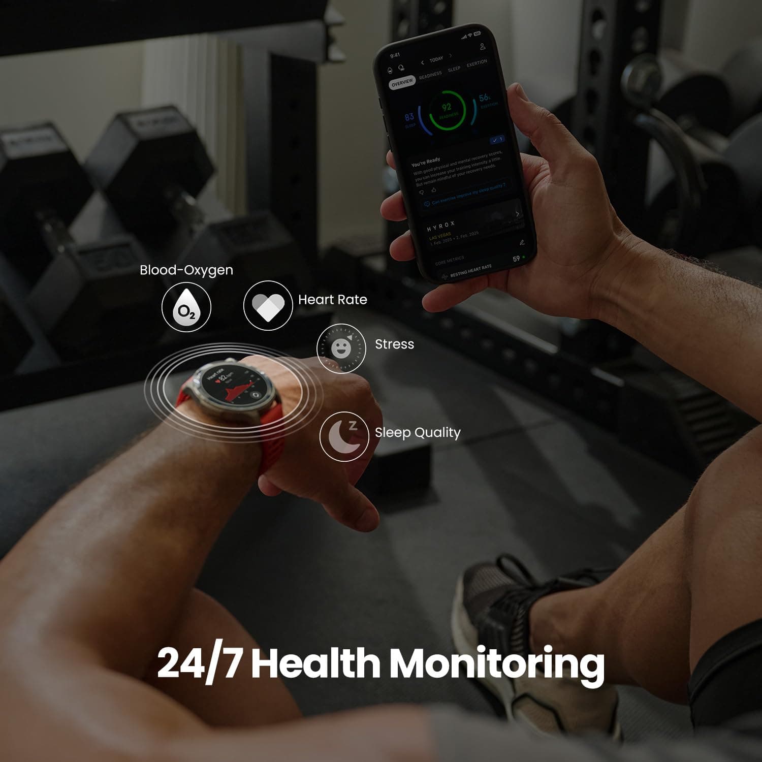 Amazfit Balance 2 smartwatch displaying Zepp Coach metrics