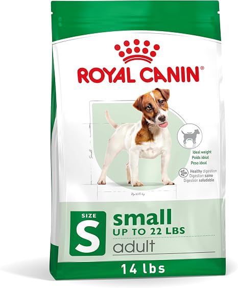 Royal Canin small adult dog food bag with kibble pieces