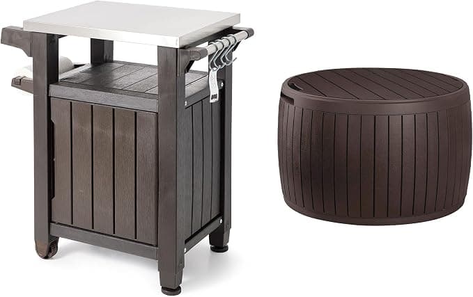 Keter Unity 40 Gallon Stainless Steel Top Grilling Bar Cart with Circa 37 Gallon Round Deck Box Multipurpose Storage Table and Seating, Brown