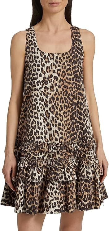 Ganni Leopard-Print Cotton Poplin U-Neck Minidress - Designer Dresses - Under $300