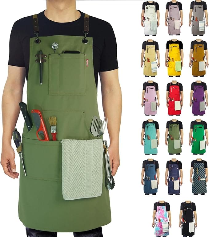 Kitchen Apron, Work Apron, Canvas, Multiple Pockets, Gardening, Painting, BBQ, Artist, Carpenter, Sizes M to XXL, Olive - Accessories gardening gift