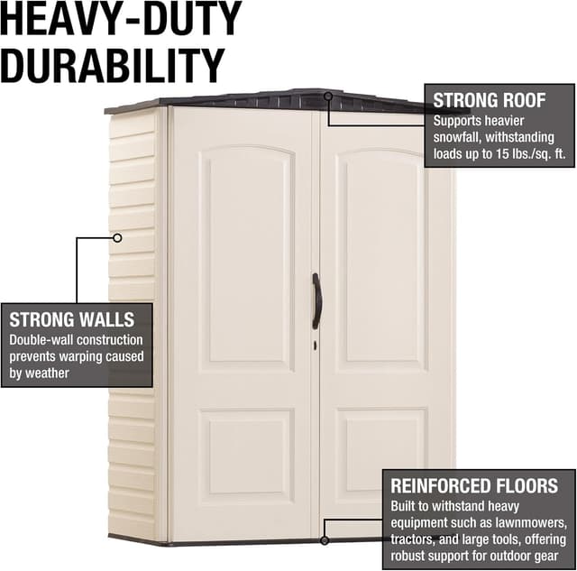 Rubbermaid Small Vertical Resin Outdoor Storage Shed With Floor (2.3 x 4.6 Ft), Weather Resistant, Beige/Brown, Organization for Home/Backyard/Pool Chemicals/Toys/Garden Tools/Porch/Patio Cushions
