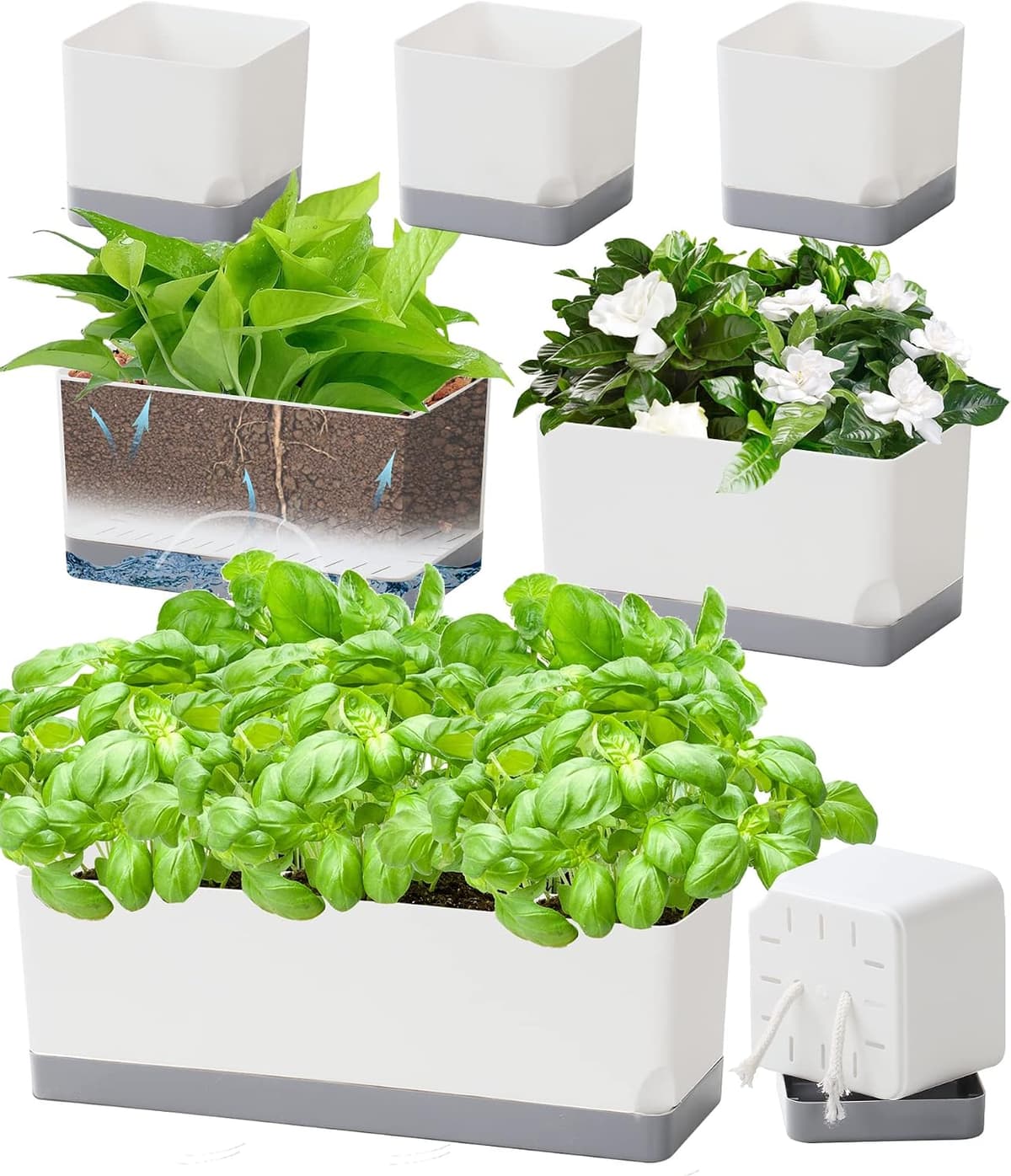 Self Watering Planters Pots for Indoor Plants, 7 Pack Plastic Planter Box Flower Pots for Indoor Outdoor Plants, Rectangle Herb Planter Window Boxes Planters with Drainage, Light Gray Tray