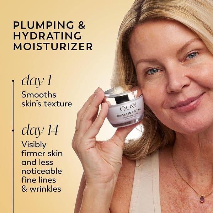 Olay Collagen Peptide 24 Face Moisturizer jar on a bathroom counter