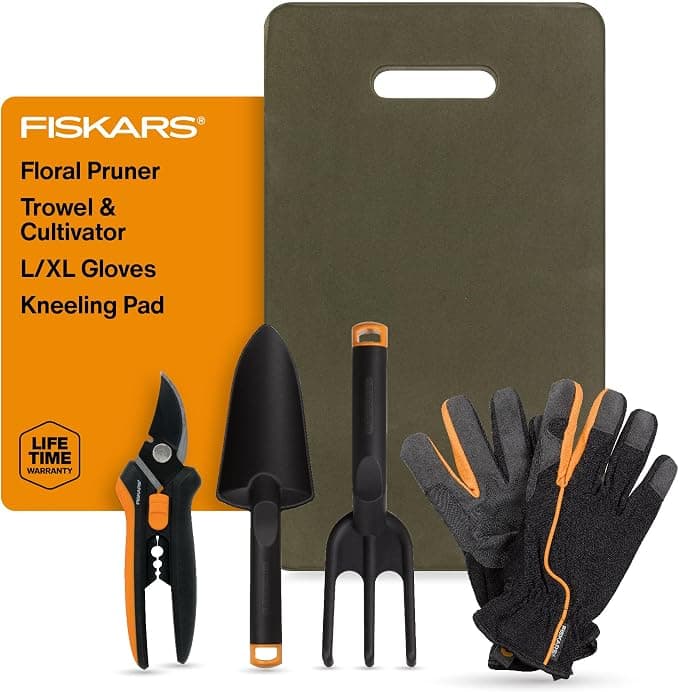 Fiskars Flower Gardening Tool Set with Floral Pruner, Trowel, Cultivator, Garden Gloves, and Ultra-Light Kneeling Cushion for Outdoor Use (5 Piece Kit) - Essential Tools gardening gift