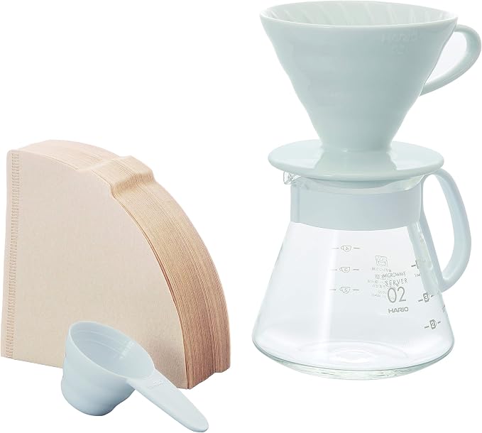 Hario V60 ceramic pour-over coffee set in white with server and dripper