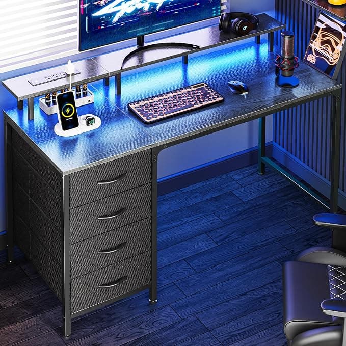 Huuger 47 Inch Computer Desk with Power Outlets and LED Lights
