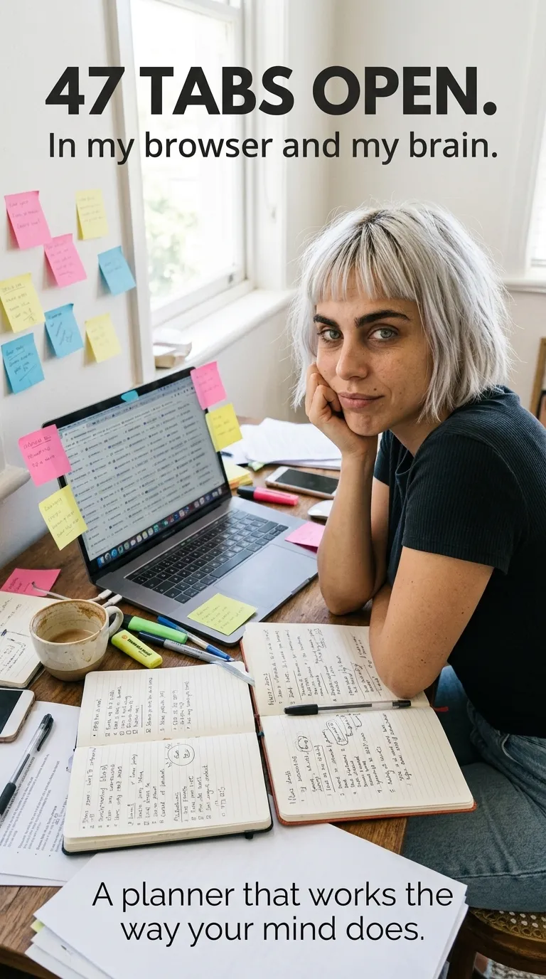 Kaia in a black T-shirt at a desk covered in sticky notes, open notebooks and a laptop, ad for the ADHD Digital Planner