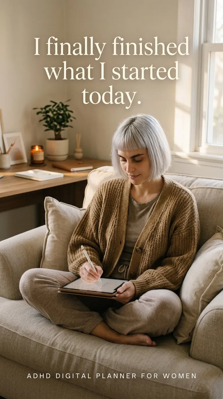 Kaia in a brown cardigan cross-legged on a sofa writing in the ADHD Digital Planner on a tablet in a sunny room