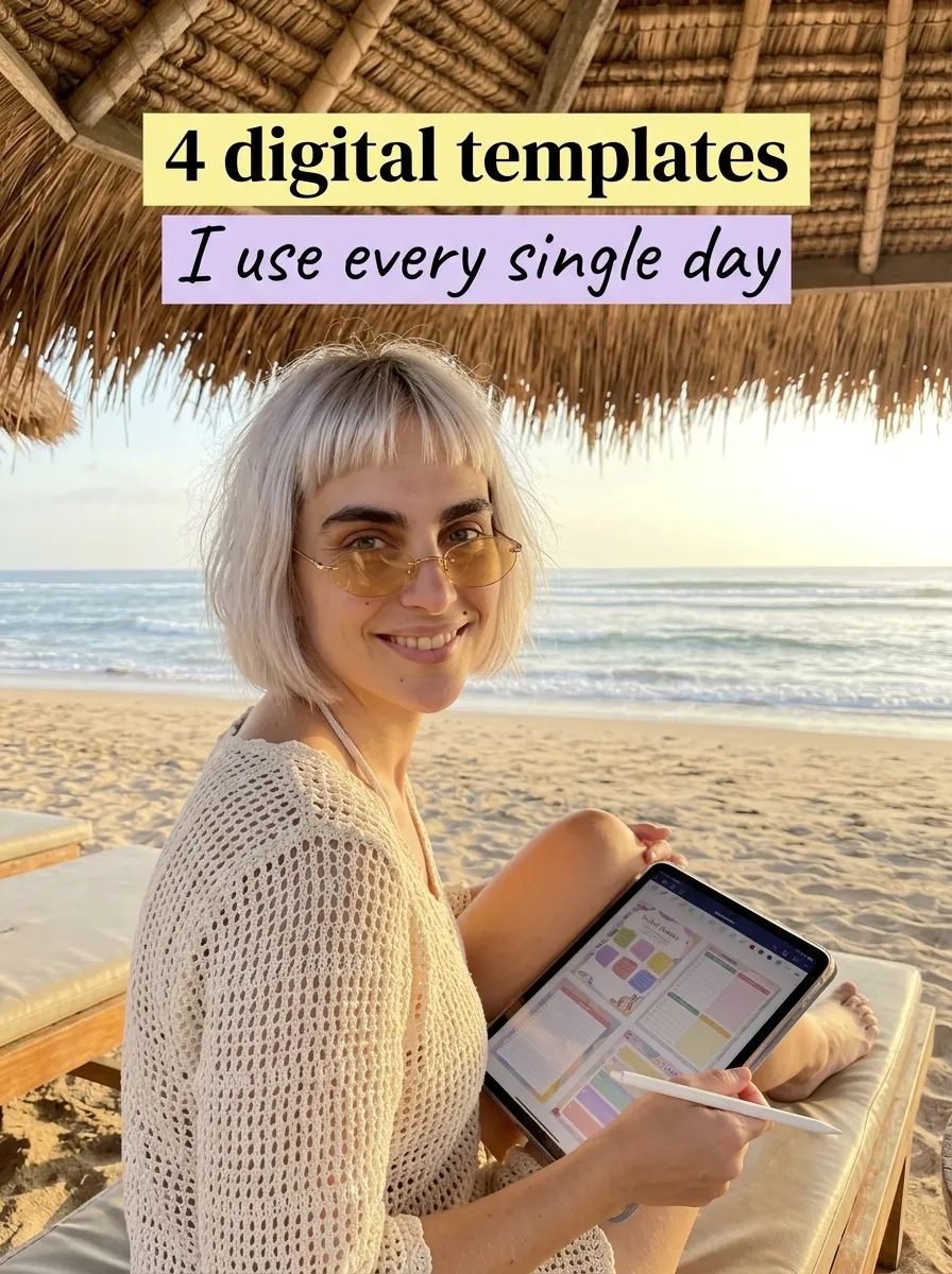 Kaia in a cream crochet top on a beach lounger under a thatched umbrella using the ADHD Digital Planner on a tablet