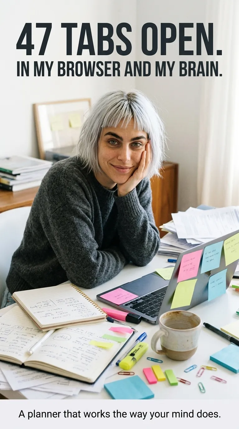 Kaia in a gray sweater at a cluttered desk with sticky notes, notebooks and a laptop, ad for the ADHD Digital Planner