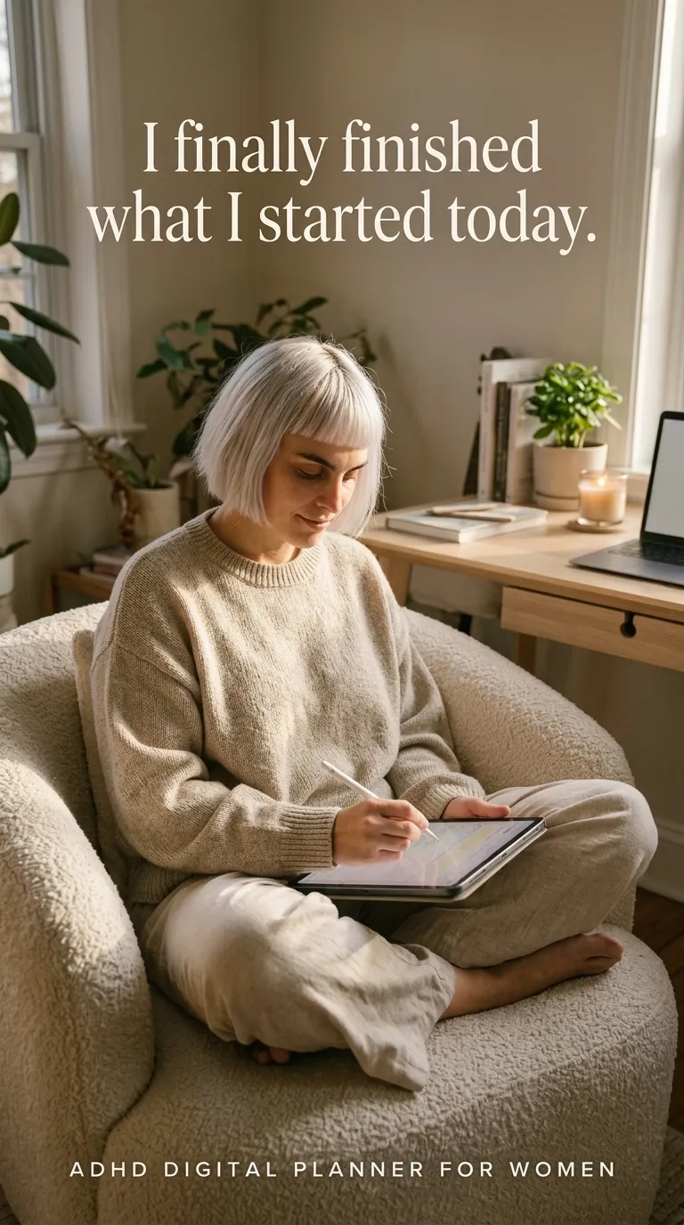 Kaia in an oatmeal sweater in an armchair writing on a tablet with a stylus, ad for the ADHD Digital Planner for Women