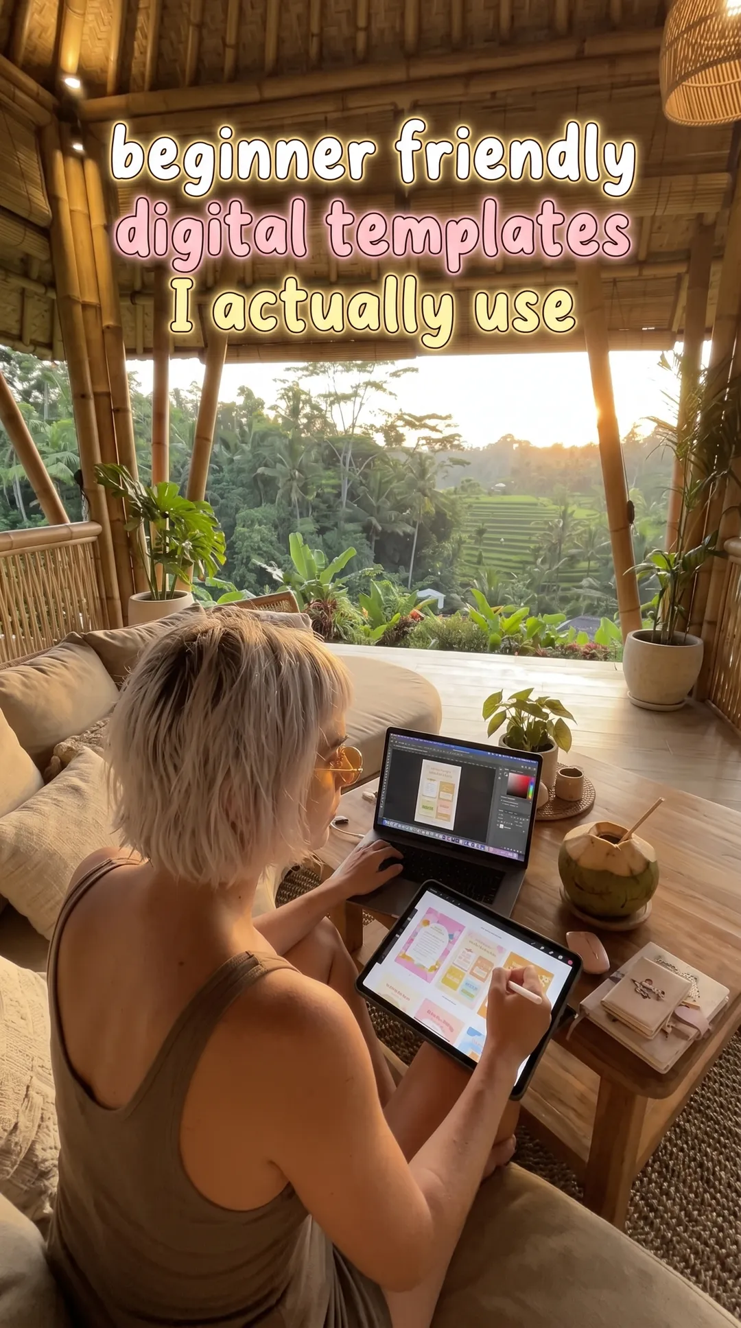 Kaia in an olive tank top on a sofa writing on a tablet with the ADHD Digital Planner in a jungle-view living room