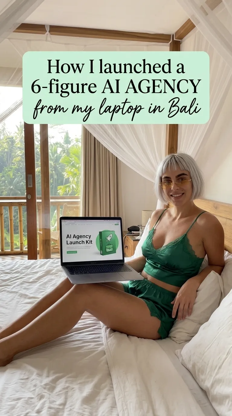 Kaia in a green satin cami set holding a laptop showing AI Agency Launch Kit on a canopy bed in a bright villa