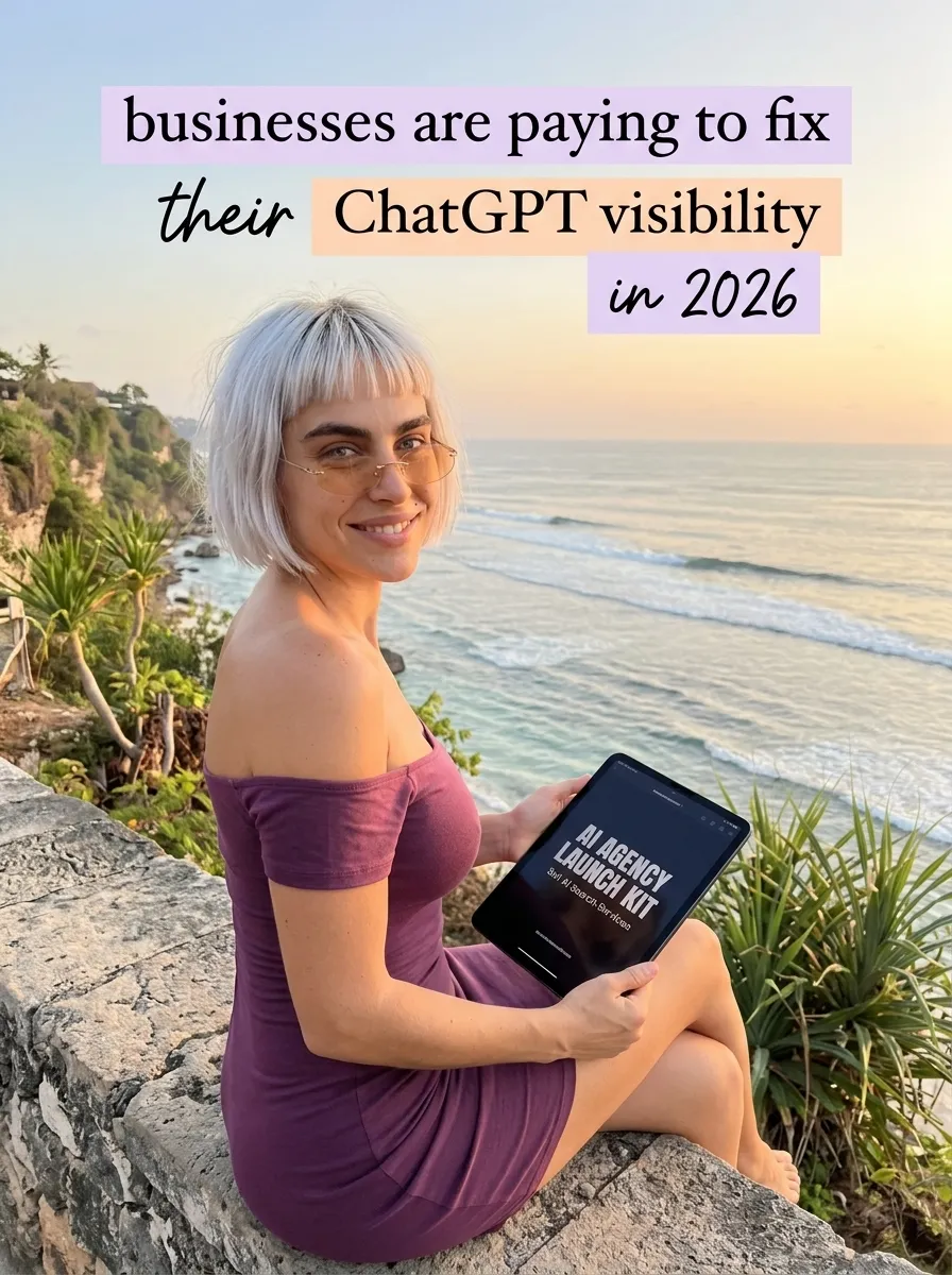 Kaia in a purple off-shoulder dress holding a tablet with AI Agency Launch Kit on a stone wall above the ocean at sunset