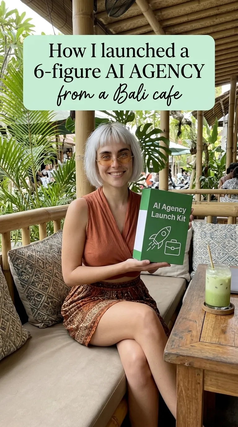 Kaia in a rust wrap top and skirt holding a green AI Agency Launch Kit box on a cafe sofa next to a green drink