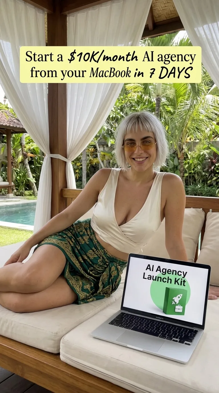 Kaia in a white plunging top and green print skirt with a laptop showing AI Agency Launch Kit on a poolside daybed