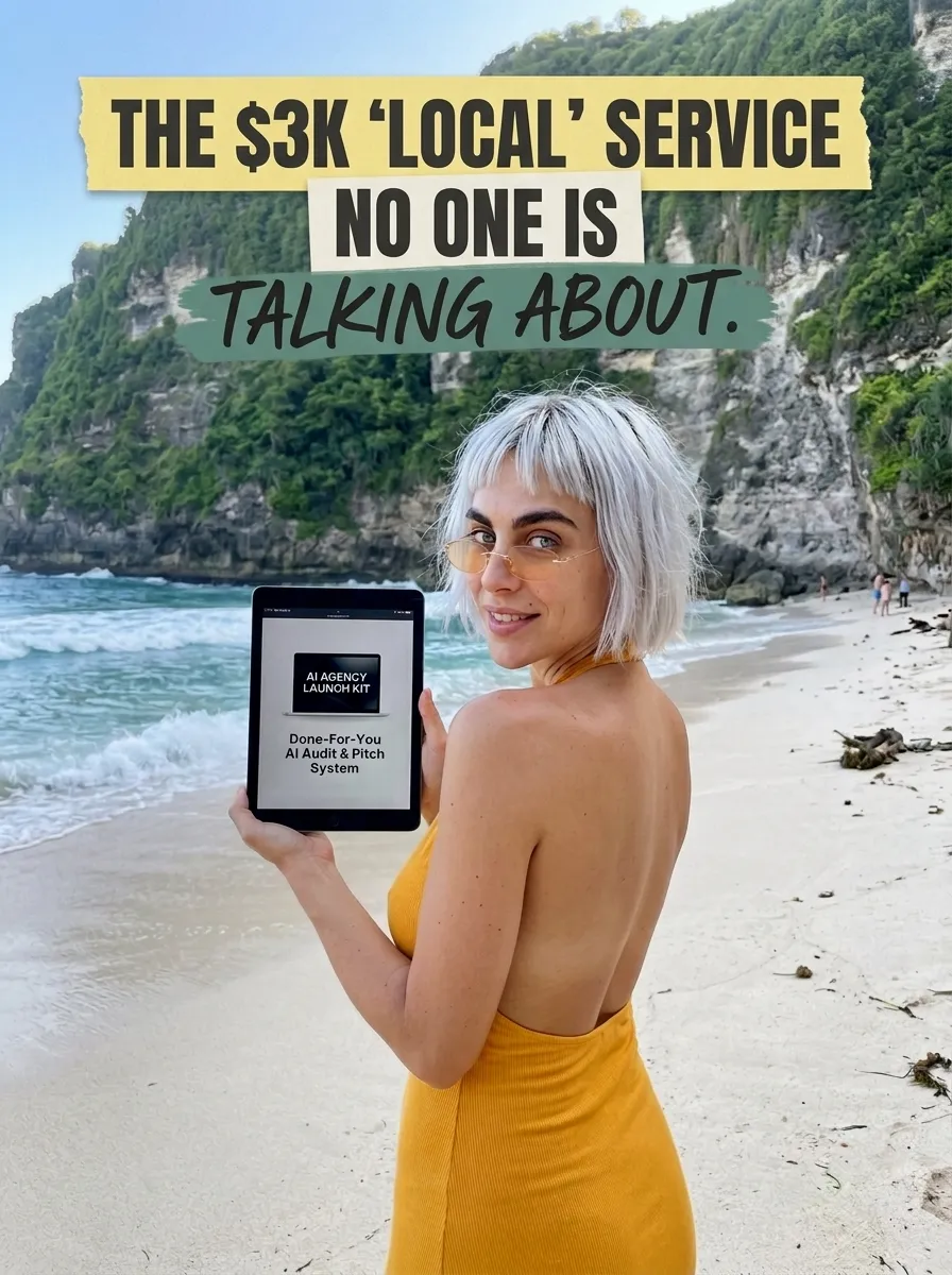 Kaia in a yellow backless dress holding a tablet showing AI Agency Launch Kit on a sandy beach below green cliffs