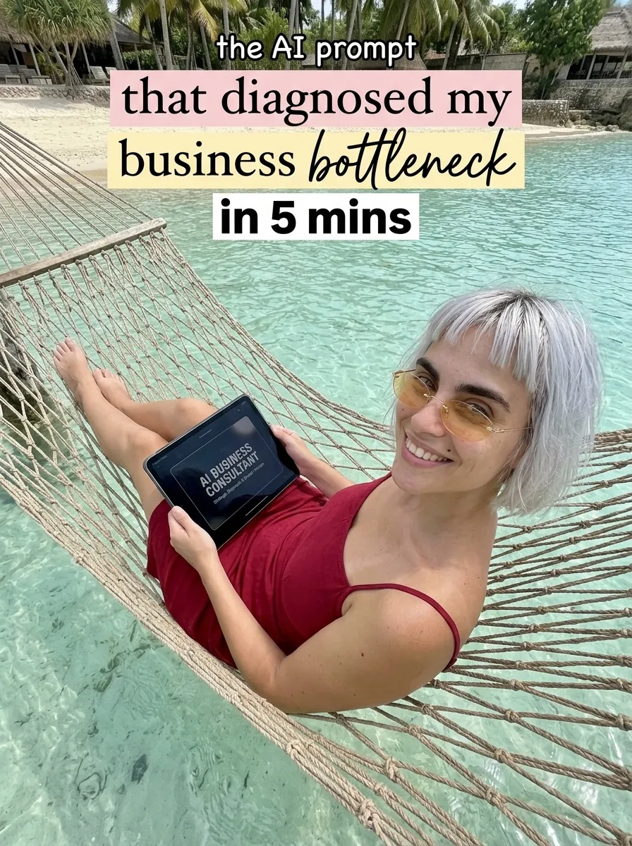 Kaia in a red dress and tinted sunglasses smiling in a beach hammock with a tablet showing AI Business Consultant
