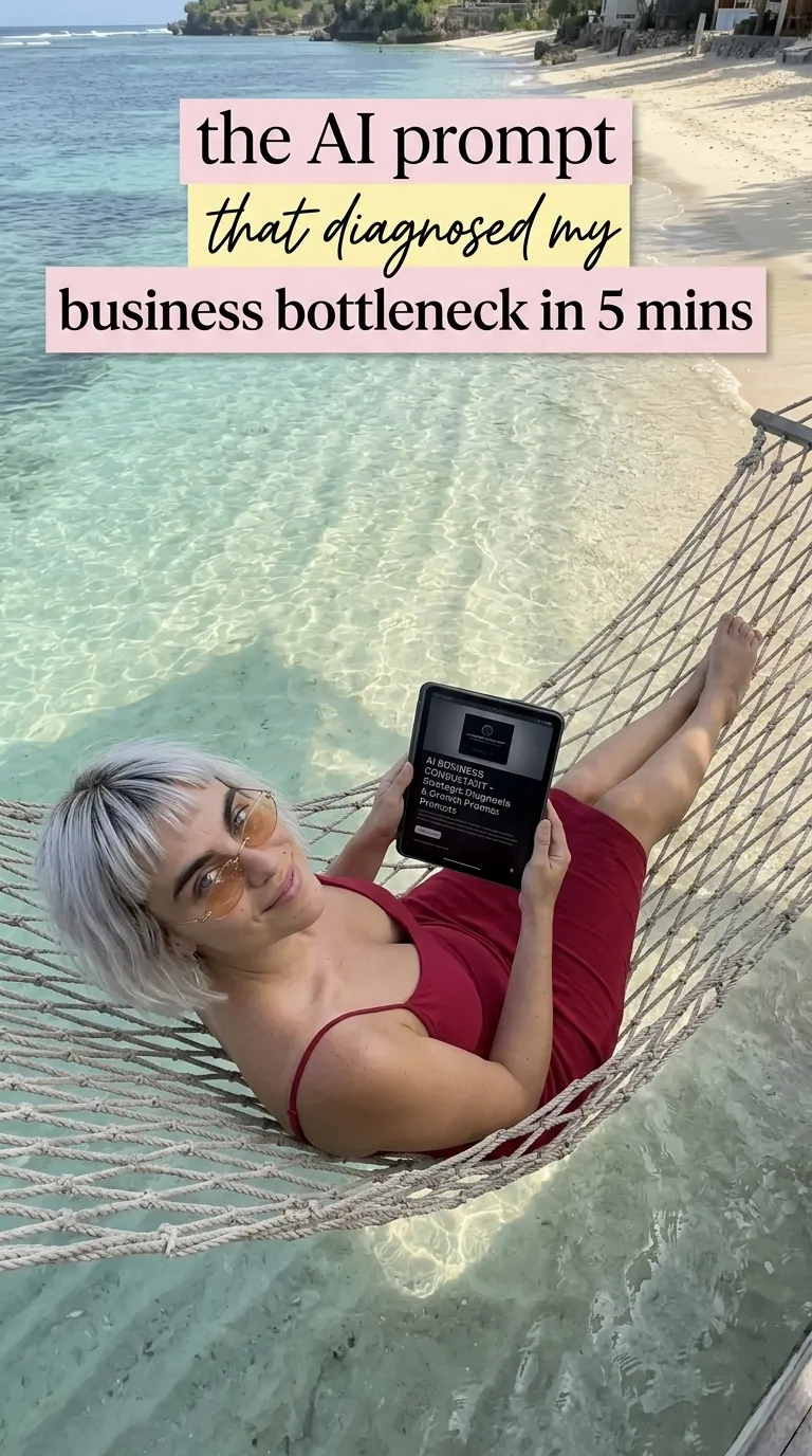 Kaia in a red slip dress lying in a rope hammock over clear shallow water, reading AI Business Consultant on a tablet