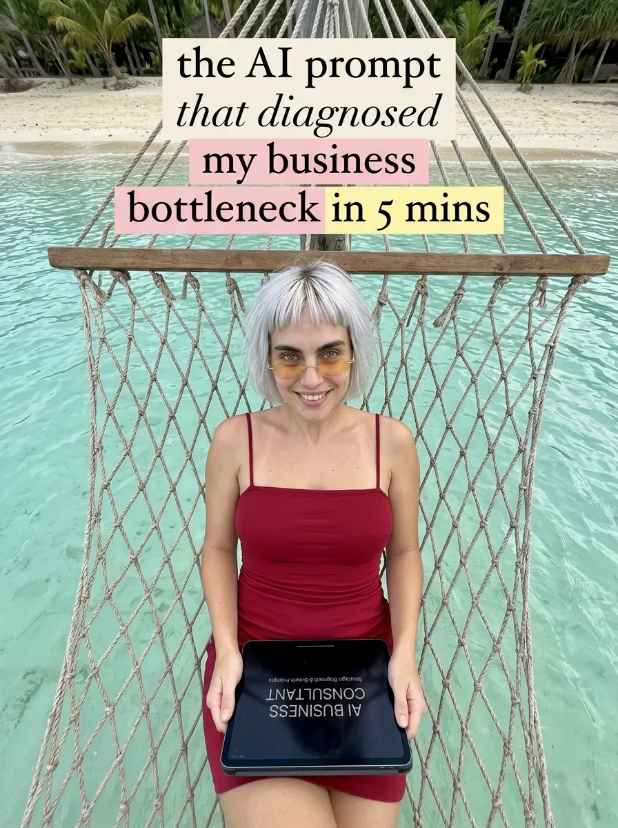 Kaia in a red slip dress holding a tablet with AI Business Consultant in a rope hammock over turquoise water