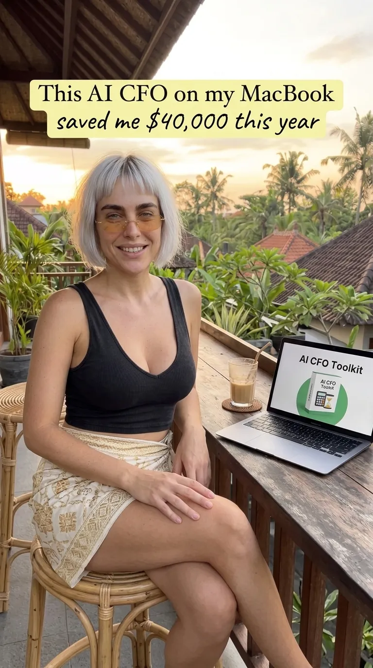 Kaia in a black top and gold skirt on a rattan stool next to a laptop showing AI CFO Toolkit on a balcony at sunset