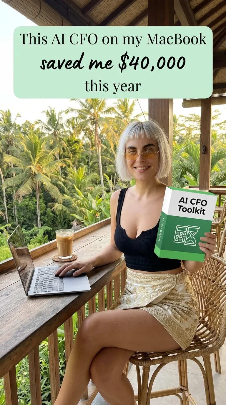 Kaia in a black top and gold skirt holding an AI CFO Toolkit box beside a laptop on a balcony above palm trees