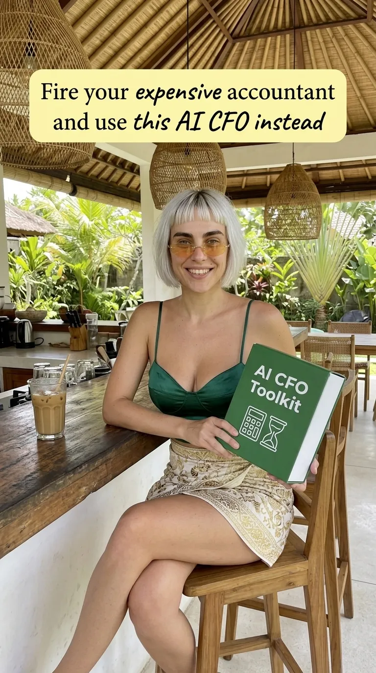 Kaia in a green cami and gold skirt holding a green AI CFO Toolkit box on a wooden stool at a jungle cafe