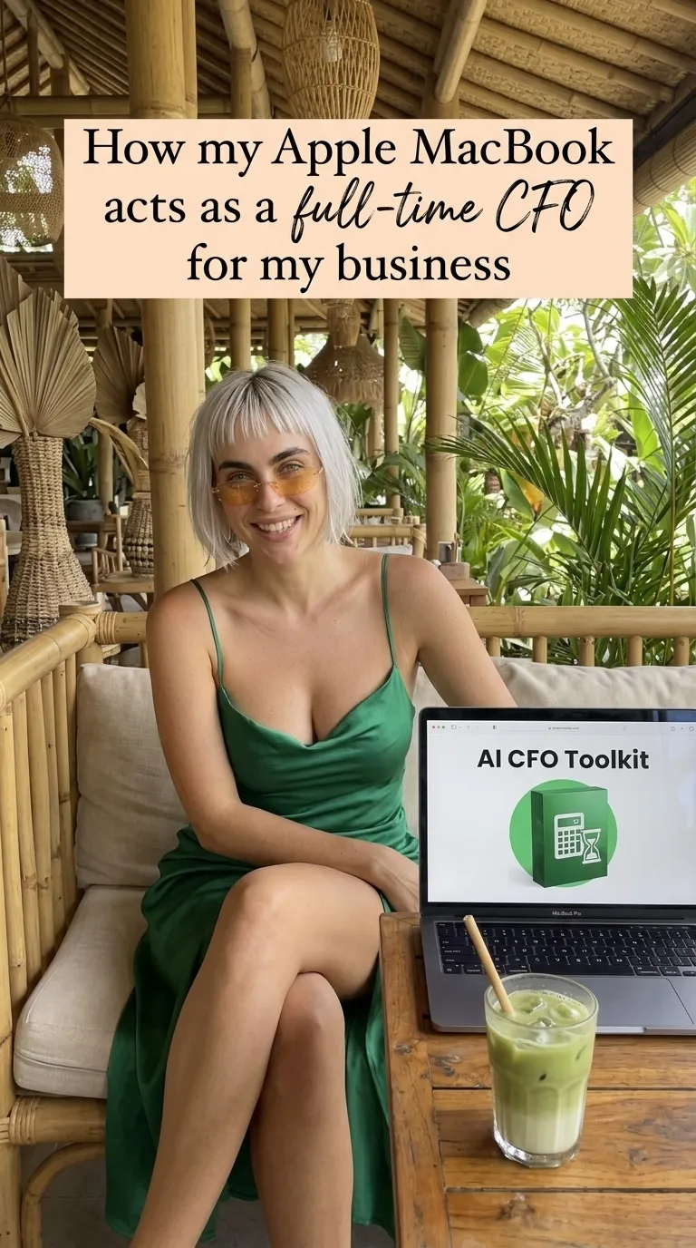 Kaia in a green satin slip dress beside a laptop showing AI CFO Toolkit on a bamboo veranda with an iced matcha