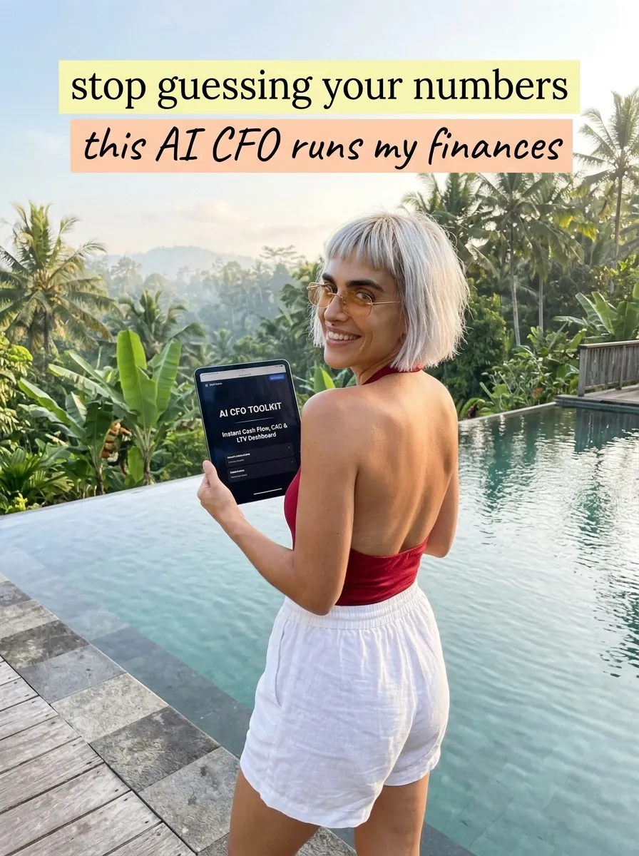 Kaia in a red halter top and white shorts holding a tablet with AI CFO Toolkit at a jungle infinity pool