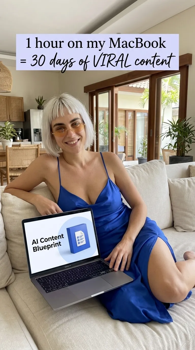 Kaia in a cobalt blue slip dress lounging on a cream sofa with a laptop showing AI Content Blueprint
