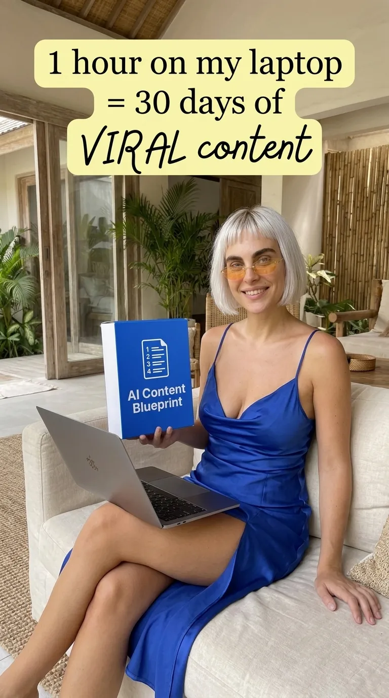 Kaia in a cobalt blue slip dress holding an AI Content Blueprint box with a laptop on her lap on a cream sofa