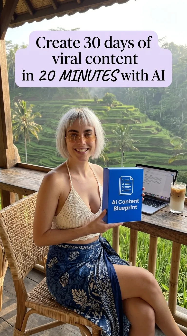 Kaia in a cream crochet top and blue sarong holding a blue AI Content Blueprint box at a cafe above rice terraces
