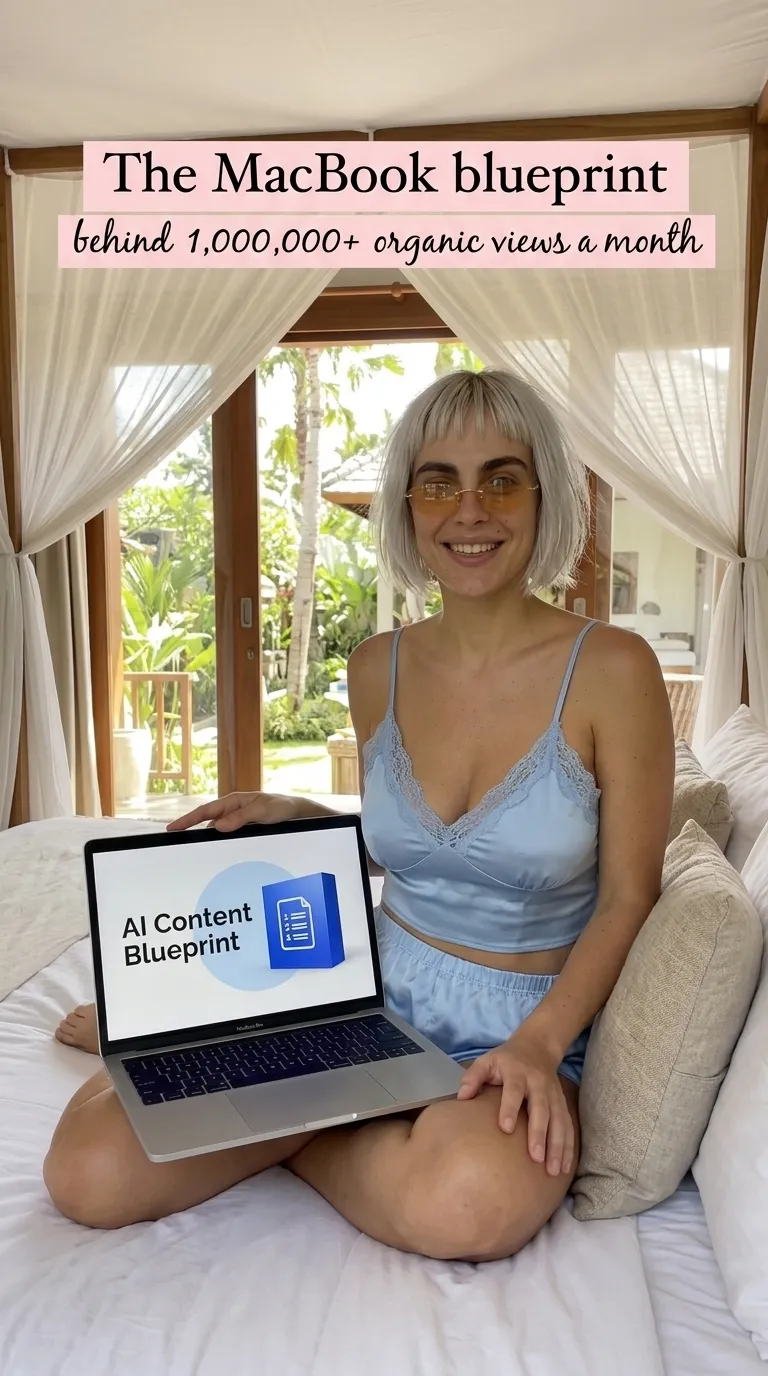 Kaia in a light blue satin cami set sitting on a white bed with a laptop showing AI Content Blueprint