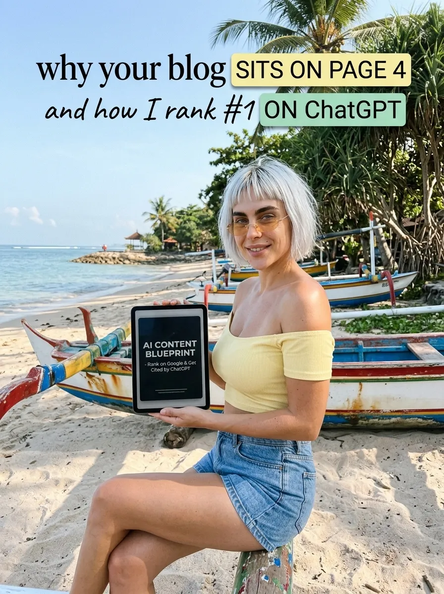 Kaia in a yellow off-shoulder top and denim shorts holding a tablet with AI Content Blueprint by fishing boats on a beach