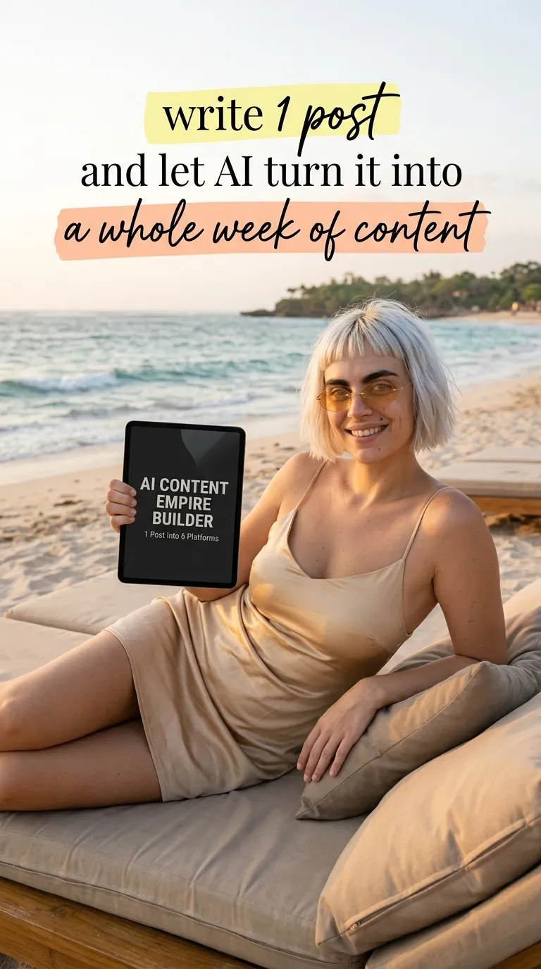 Kaia in a beige slip dress holding a tablet showing AI Content Empire Builder on a beach daybed by the sea