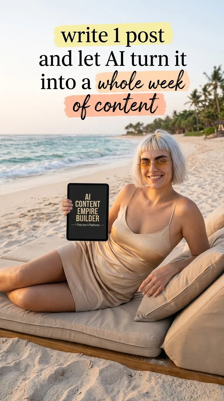 Kaia in a beige slip dress reclining on a beach daybed with a tablet showing AI Content Empire Builder