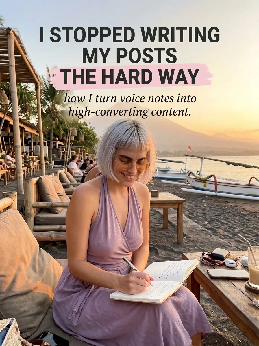 Kaia in a lilac halter dress writing in a notebook at a beach cafe table at sunset with boats behind her