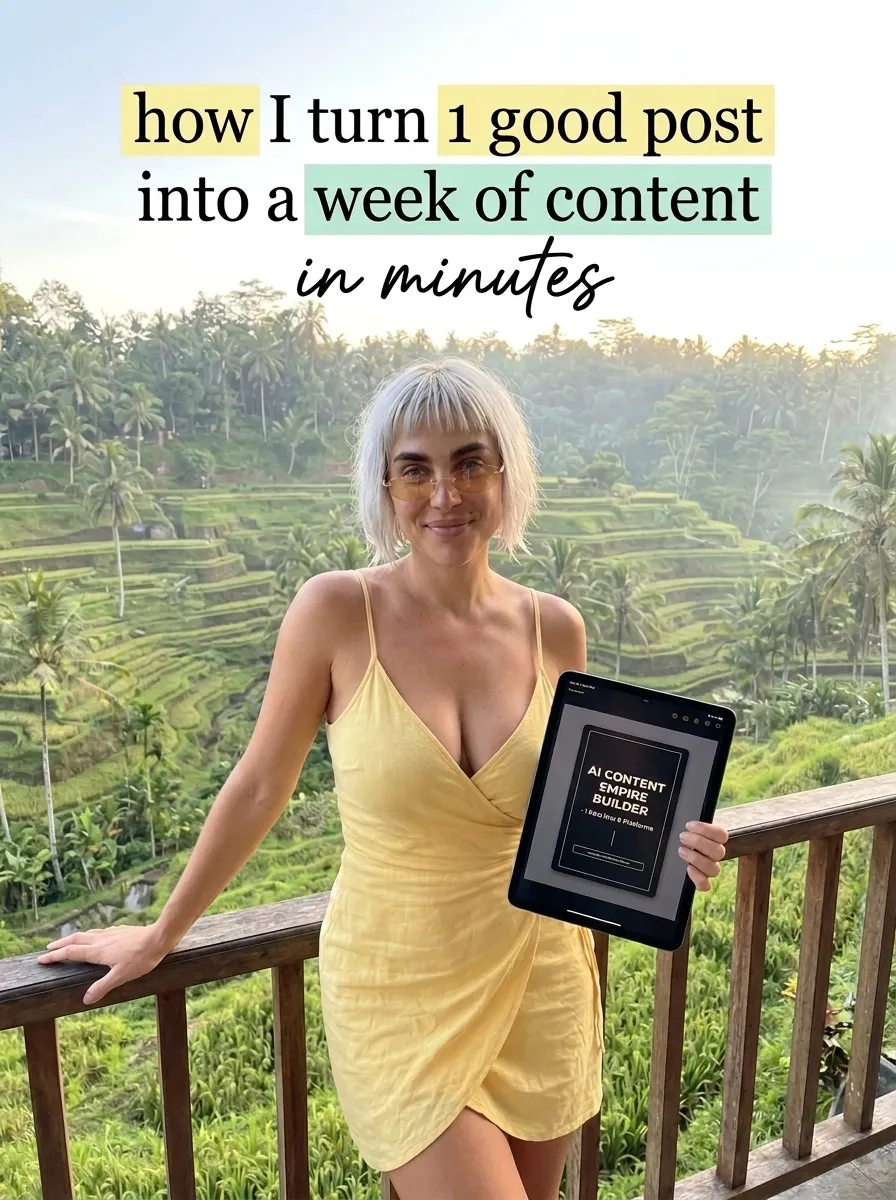 Kaia in a yellow wrap dress holding a tablet with AI Content Empire Builder on a balcony above green rice terraces