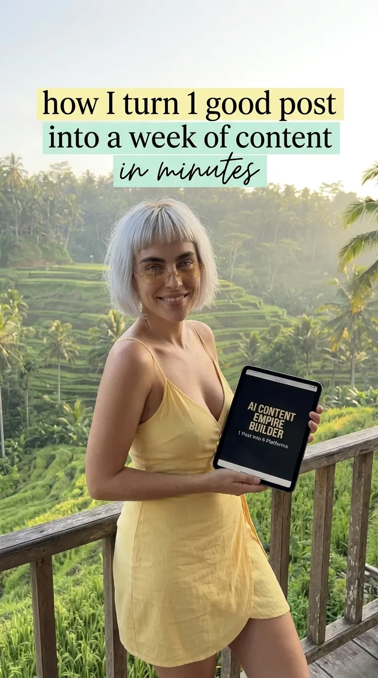 Kaia in a yellow wrap dress holding a tablet showing AI Content Empire Builder at a wooden railing over rice fields