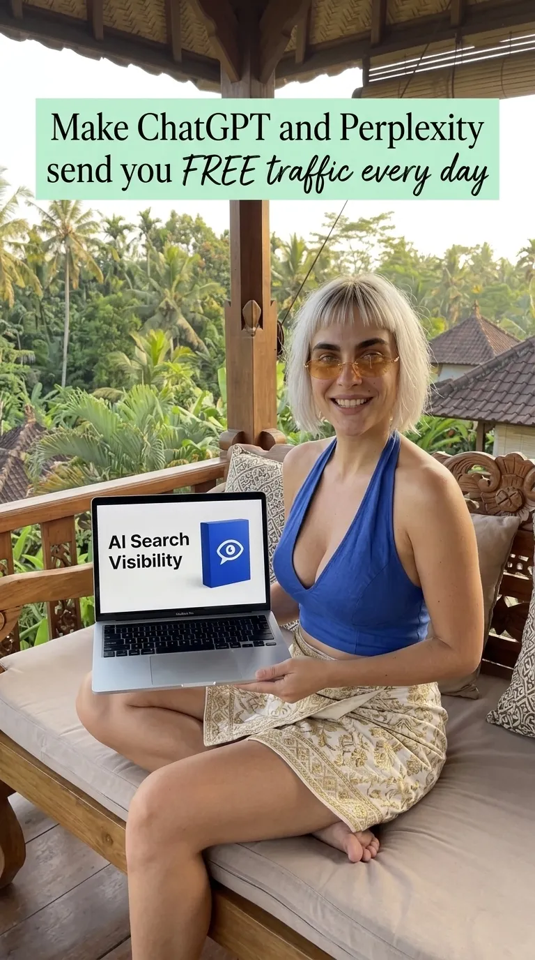 Kaia in a blue halter top and print skirt with a laptop showing AI Search Visibility Toolkit on a jungle pavilion daybed