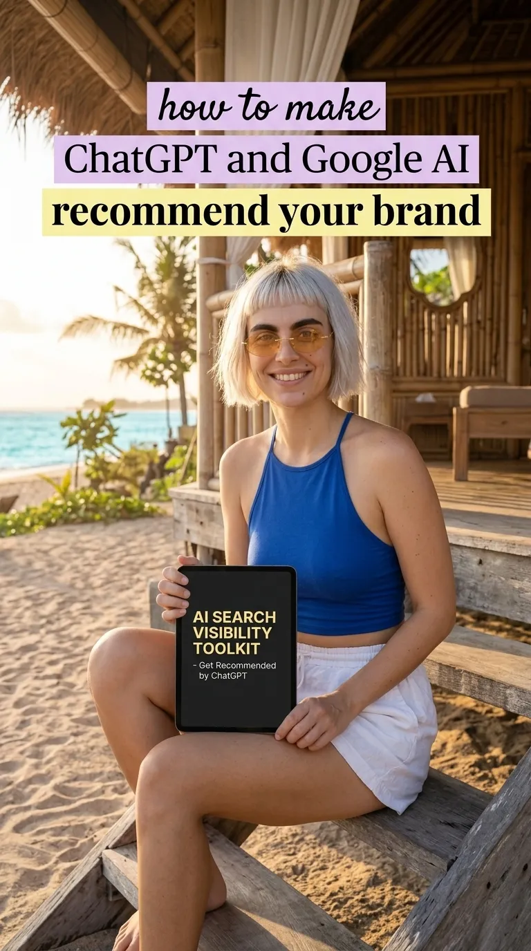 Kaia in a blue halter top and white shorts holding a tablet with AI Search Visibility Toolkit on a beach bench at sunset