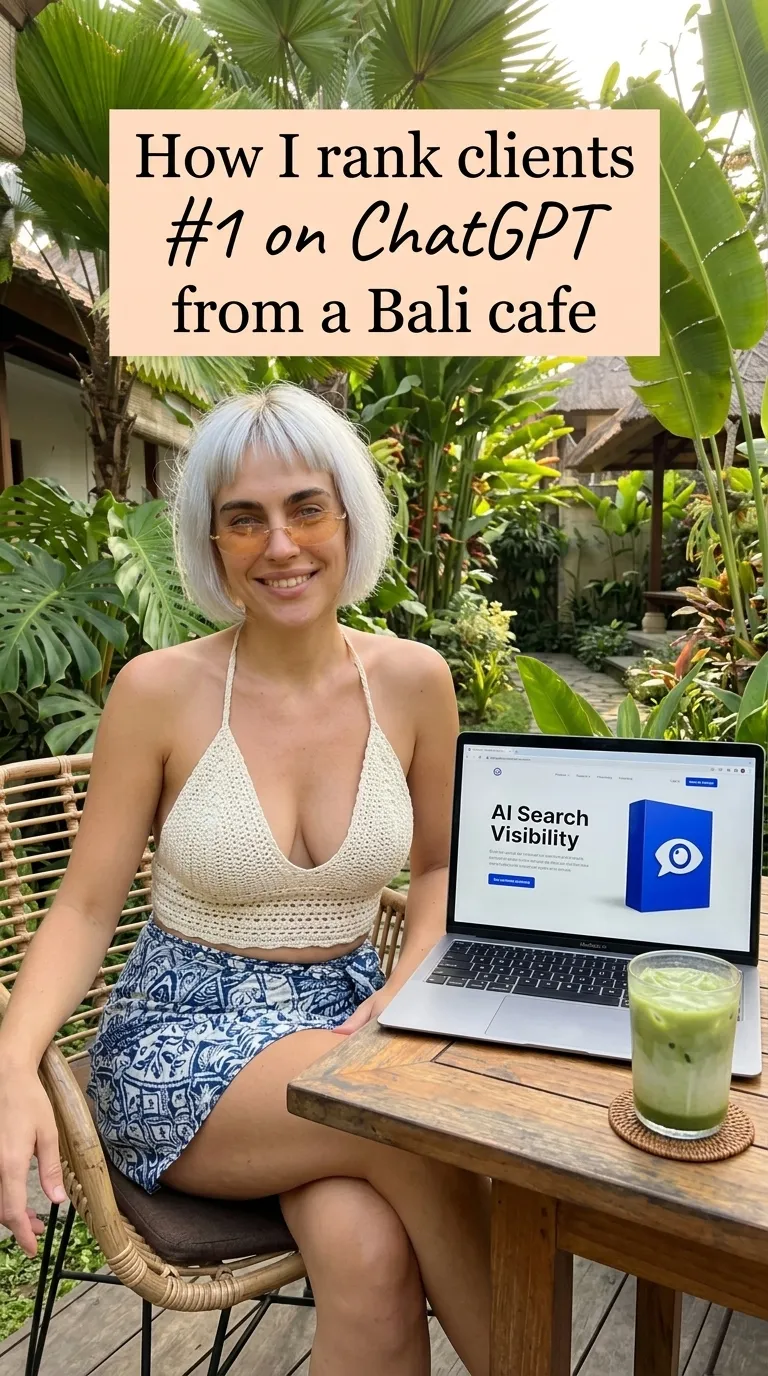 Kaia in a crochet top and print shorts beside a laptop showing AI Search Visibility Toolkit at a garden cafe with matcha