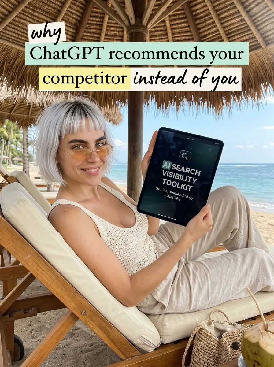Kaia in a knit top and linen trousers holding a tablet with AI Search Visibility Toolkit on a beach lounger