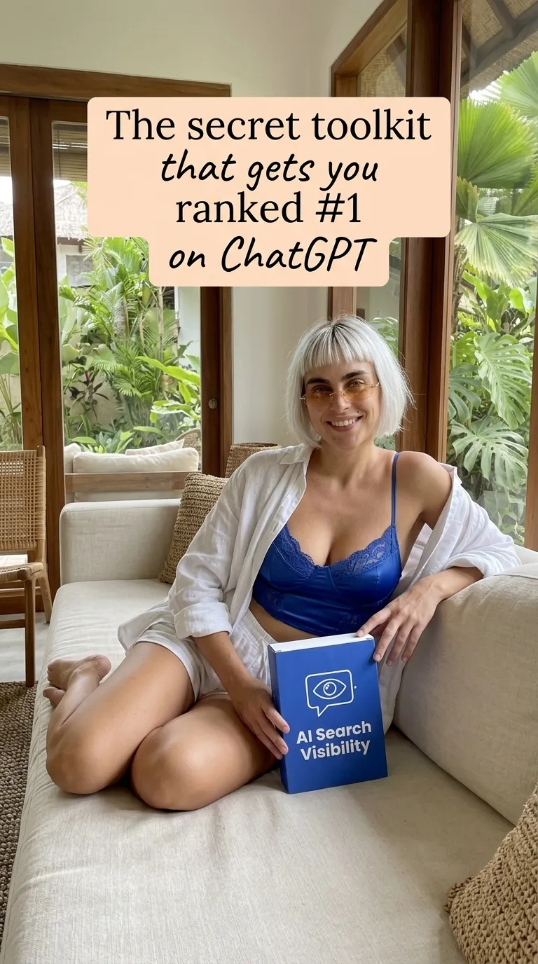 Kaia in a white shirt over a blue top holding a blue AI Search Visibility Toolkit box on a cream sofa