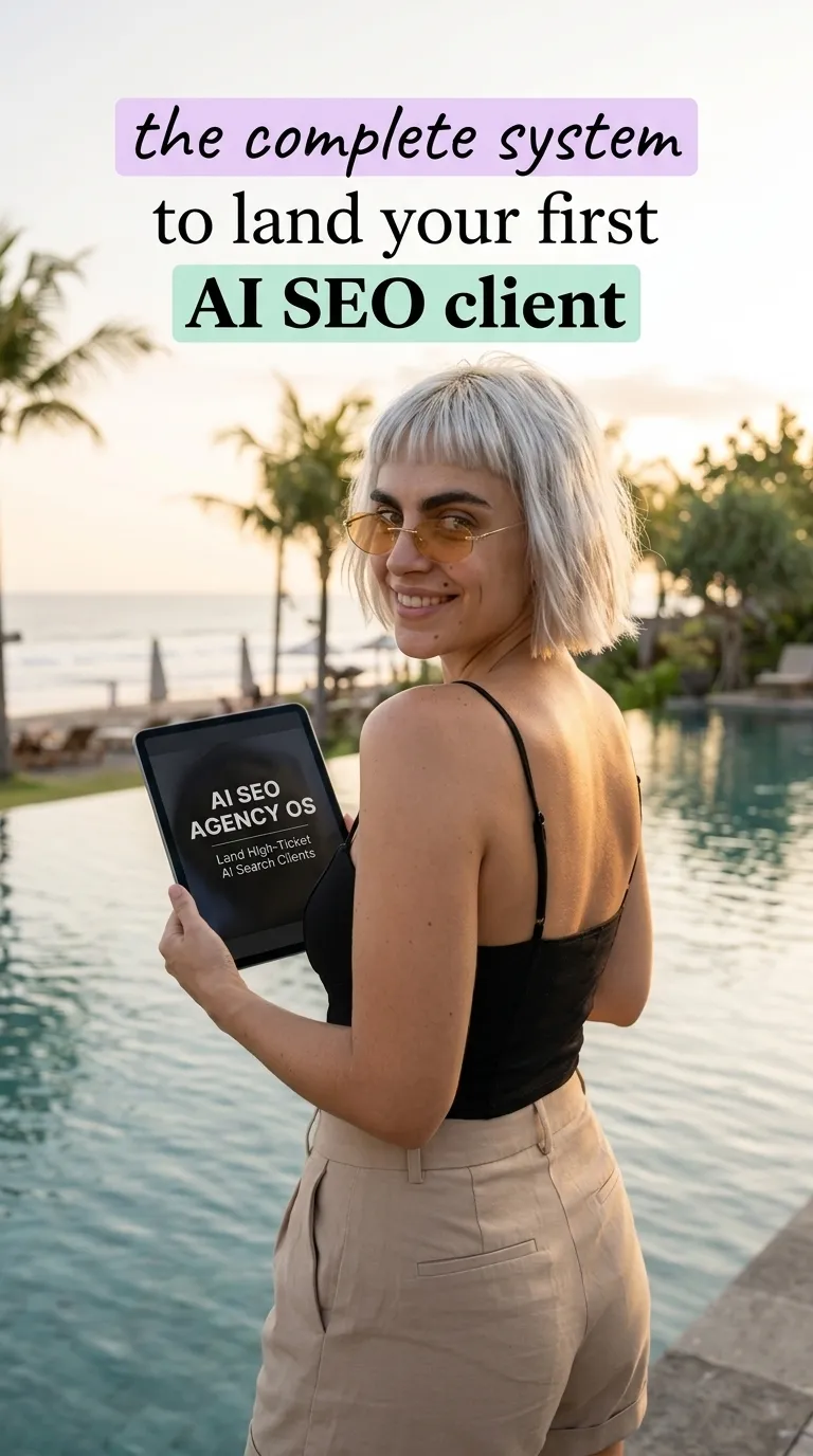 Kaia in a black cami and tan shorts holding a tablet showing AI SEO Agency OS beside an infinity pool at sunset