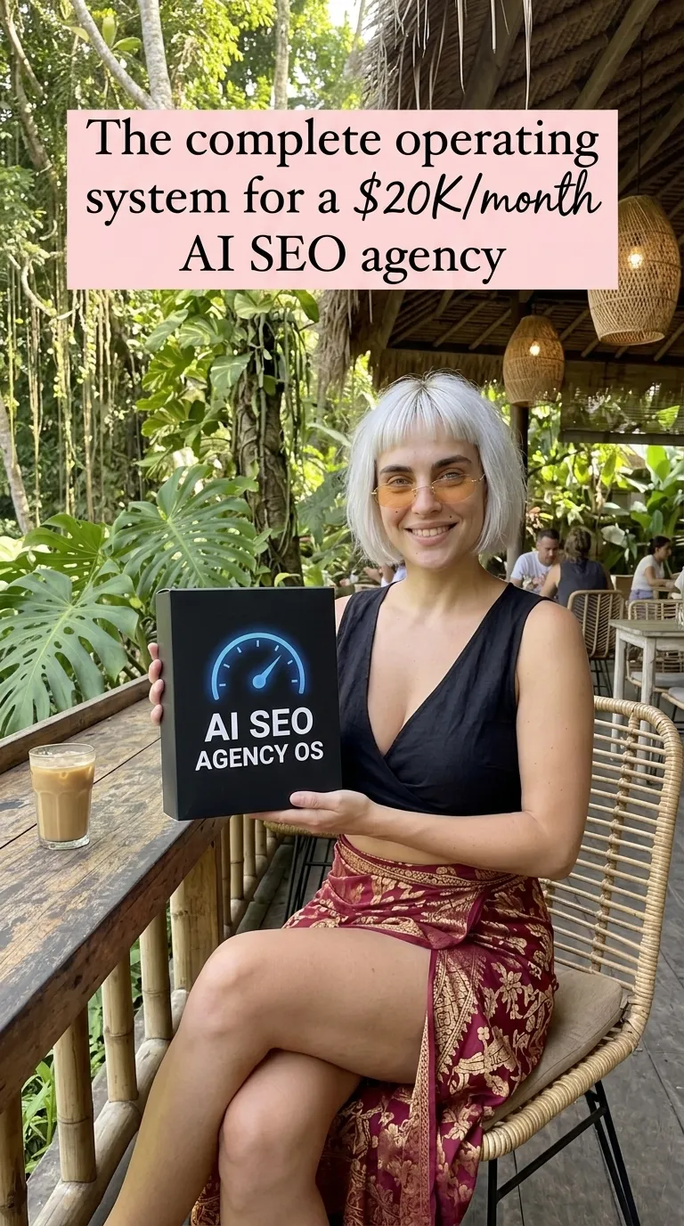 Kaia in a black wrap top and red sarong holding a black AI SEO Agency OS box at a wooden cafe table in the jungle