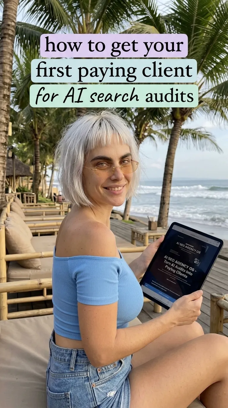 Kaia in a blue off-shoulder top and denim shorts holding a tablet with AI SEO Agency OS at a beachfront lounge