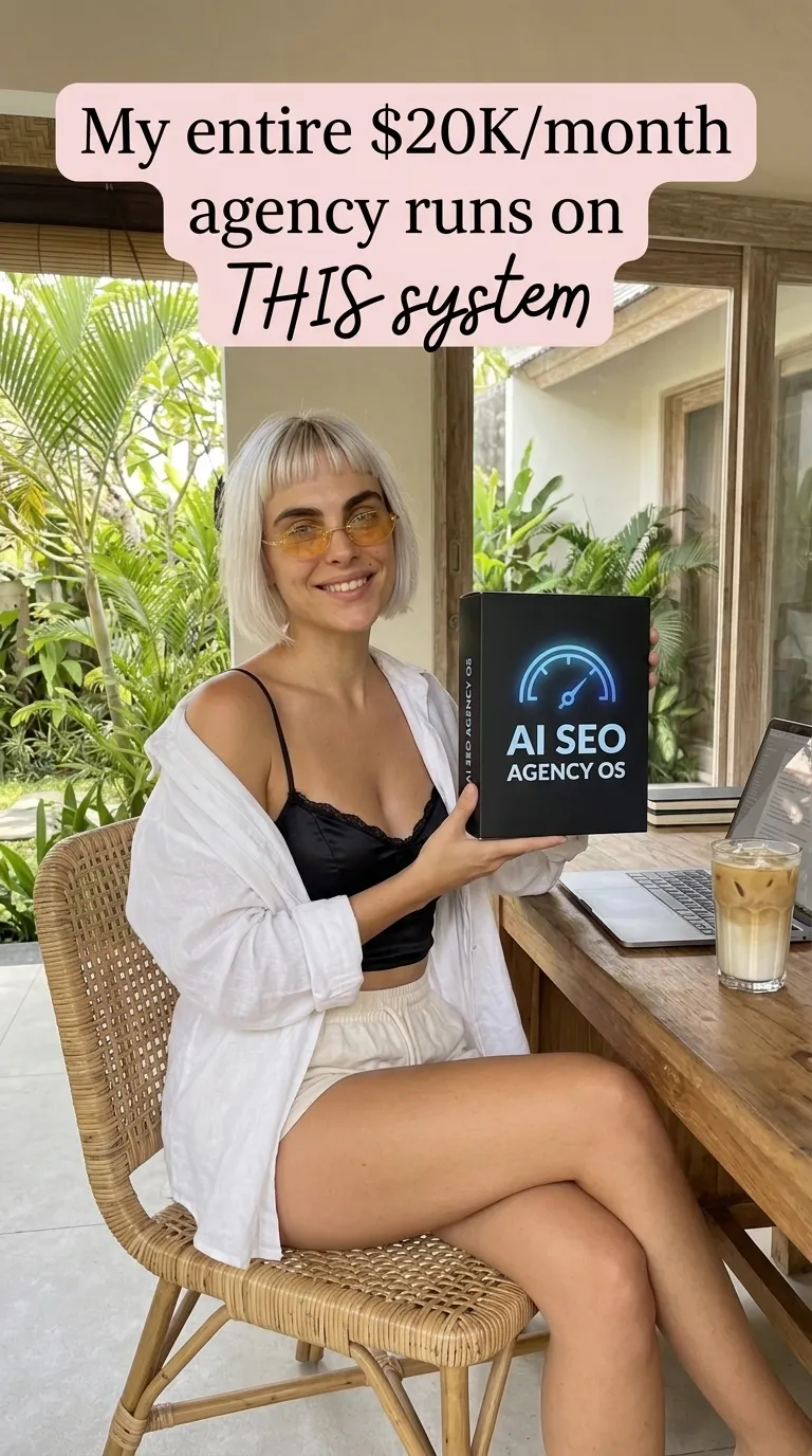 Kaia in a white shirt and black bralette holding an AI SEO Agency OS box at a desk with a laptop and iced coffee