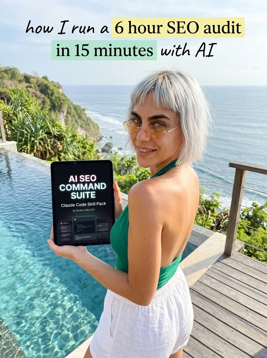 Kaia in a green halter top and white shorts holding a tablet showing AI SEO Command Suite at an infinity pool